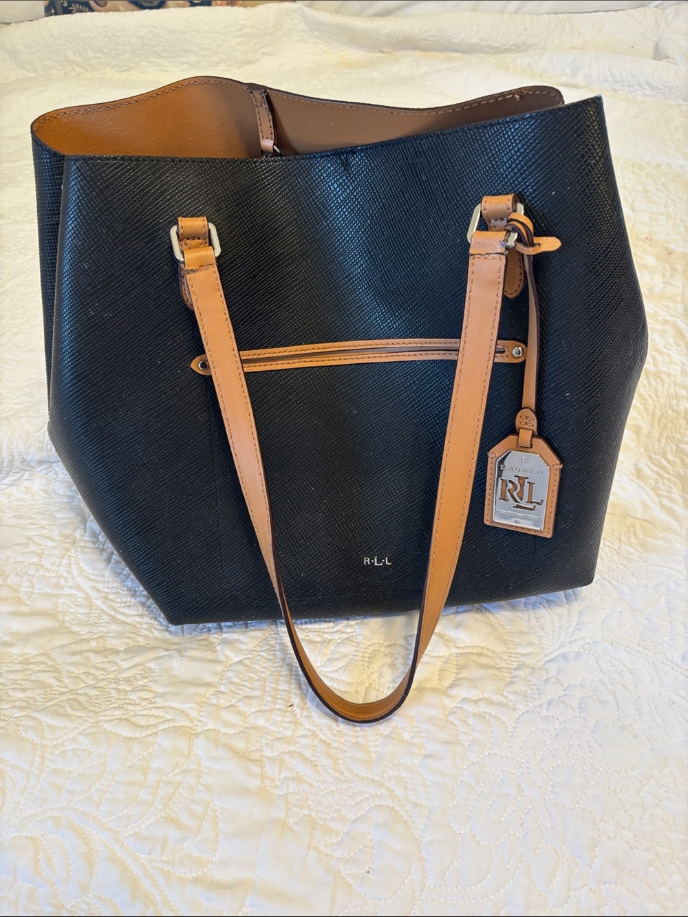 Polo Ralph Lauren Black and Tan Leather Tote Bag